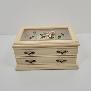 Stained Glass Floral Lid Off White Painted Wood Jewelry Trinket Box 10"x6"